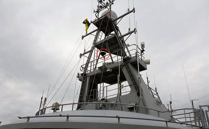 The MBR antennae (in the red circle) is shown here on board the KV Bergen. Photo courtesy of Norwegian Coastal Administration