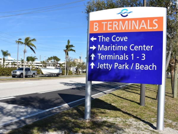 New wayfinding sign installed on George King Boulevard, the Port’s main south side artery, guides traffic to some of the Port’s busiest landmarks (Photo: Canaveral Port Authority)