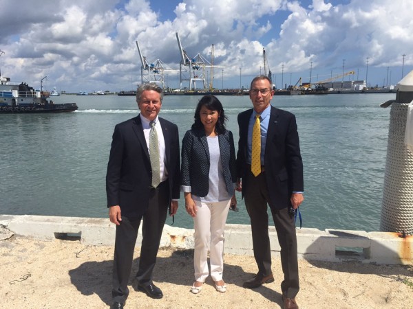 Port Canaveral CEO Capt. John Murray (left) and Port Commission Vice Chairman Wayne Justice (right) hosted a tour of Port Canaveral operations for U.S. Rep. Stephanie Murphy