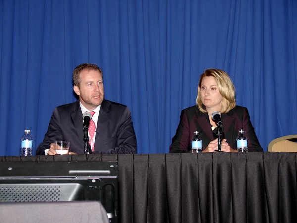 Charles Baker, president and CEO of Cuba’s Port of Mariel, left, and Brandy Christian, president and CEO of the Port of New Orleans, respond to questions following their keynote addresses at the Cargo Connections Conference in New Orleans. (Photo by Paul Scott Abbott, AJOT) 