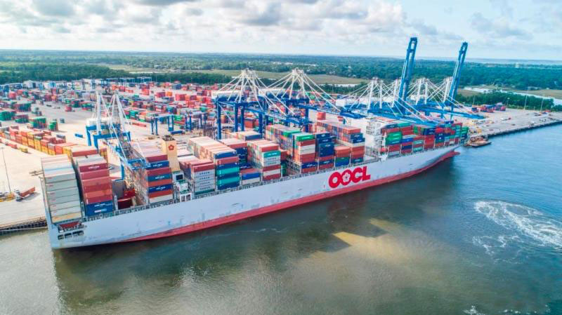 On June 3 SCPA handled record cargo moves on the 13,208 TEU OOCL France, the largest vessel ever to call the Port of Charleston. Courtesy: SkyView Aerial Solutions. 