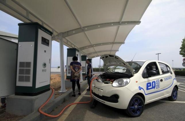 A Chery electric car is being charged at a charging station in Dalian, Liaoning province, China, September 1, 2015. REUTERS/STRINGER