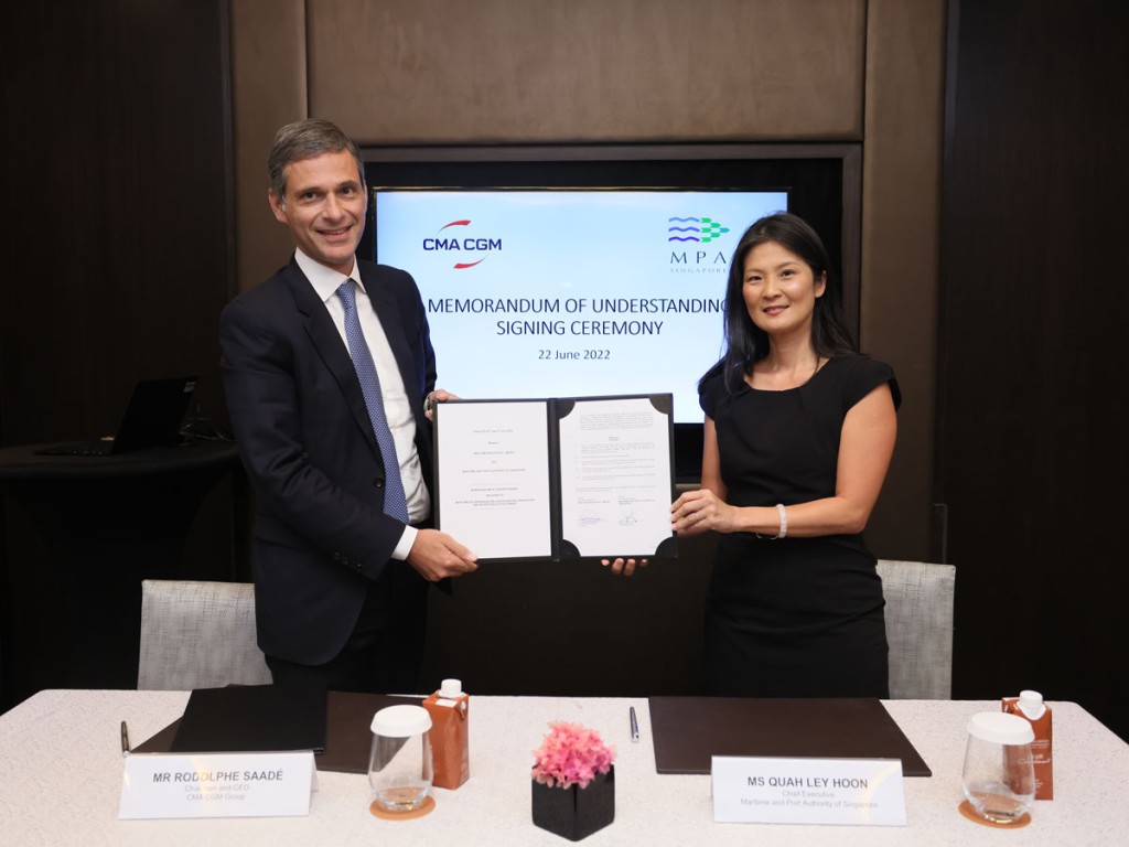 MOU Signing Ceremony, Mr Rodolphe Saadé, Chairman and Chief Executive Officer of the CMA CGM Group (left), and Ms Quah Ley Hoon, Chief Executive, MPA (right). 