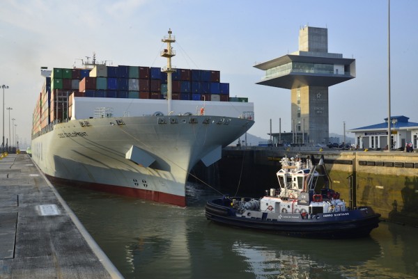 The COSCO Development transiting the Panama Canal's Cocoli Locks, making it the largest vessel to transit the Expanded Canal.