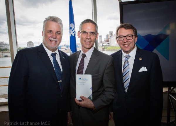 From left to right : Premier Philippe Couillard, Mr. Marc Babinski Vice President of Corporate Affairs and Chief Legal Counsel Davie Canada, Minister Jean D'Amour (CNW Group/Davie Shipbuilding)