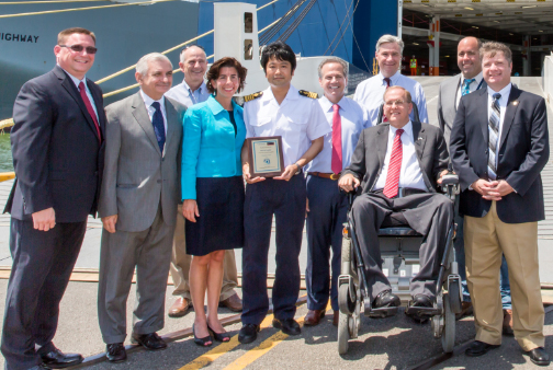 Gov. Raimondo joins the state's Congressional delegation, local leaders and QDC officials to welcome the captain of the Iris Leader today at the Port of Davisville