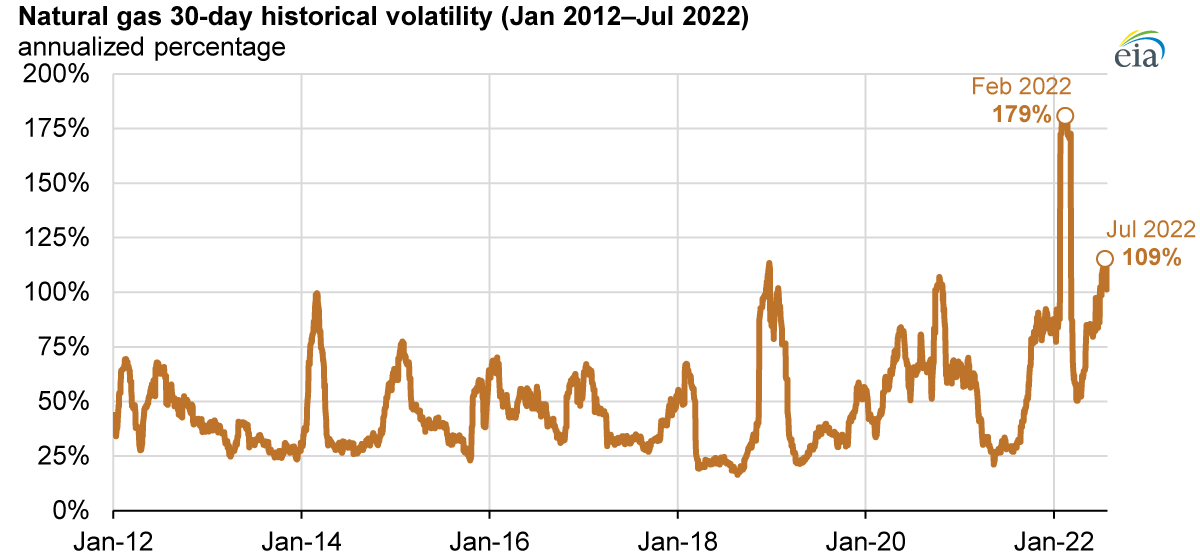 Natural gas 30-day historical volatility (Jan 2012 & Jul 2022)