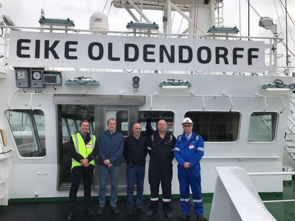 Team members from Verifavia Shipping and Oldendorff with EIKE OLDENDORFF during a port call at Antwerp.