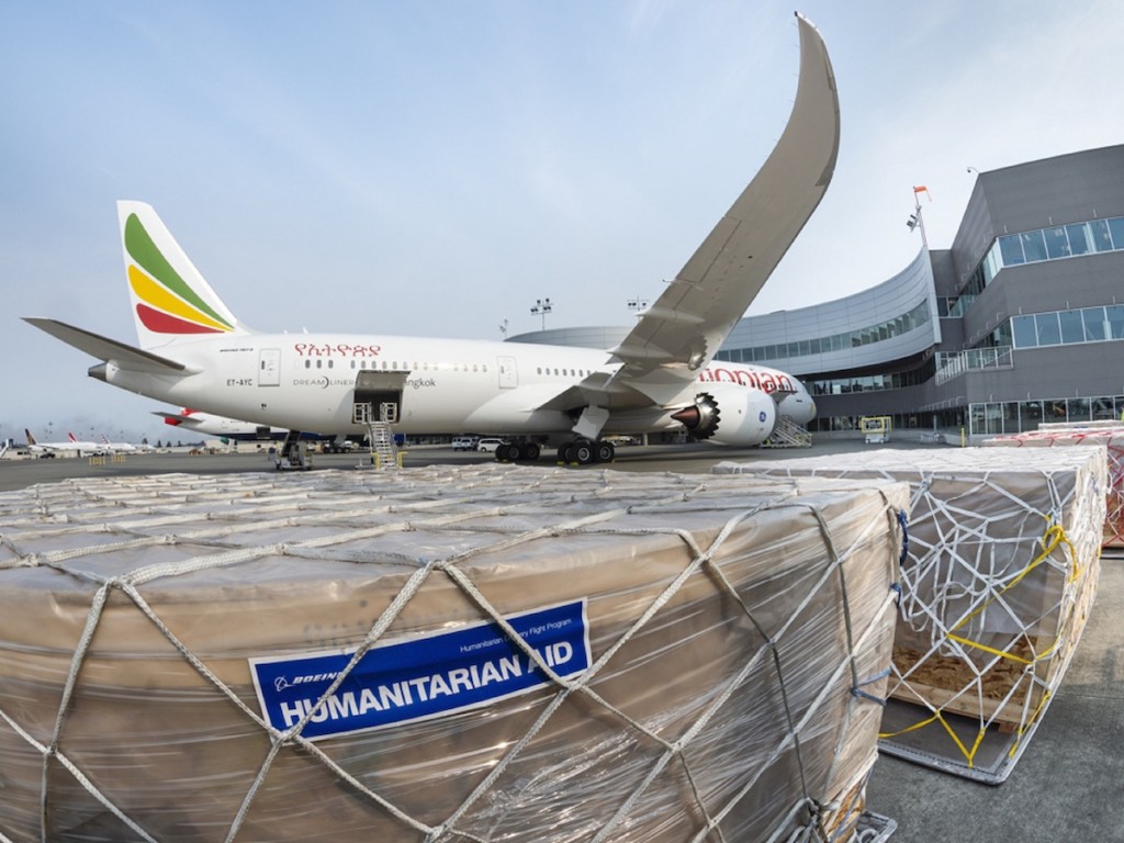 An Ethiopian Airlines 787-9 was loaded with humanitarian supplies in Everett, Wash., before its flight to the Addis Ababa region on Oct. 1.
