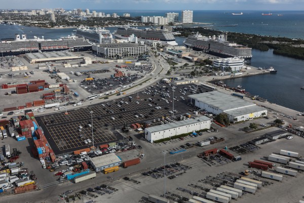 Aerial image of Horizon Terminal operations with imported cars.