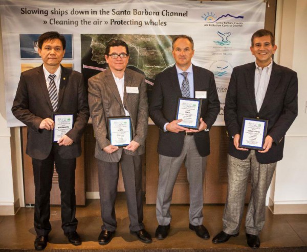 On behalf of Evergreen Line, Captain CT Chen (first left) attended the recognition ceremony of 2016 vessel speed reduction incentive program in Santa Barbara Channel Region. Photo courtesy of www.OurAir.org
