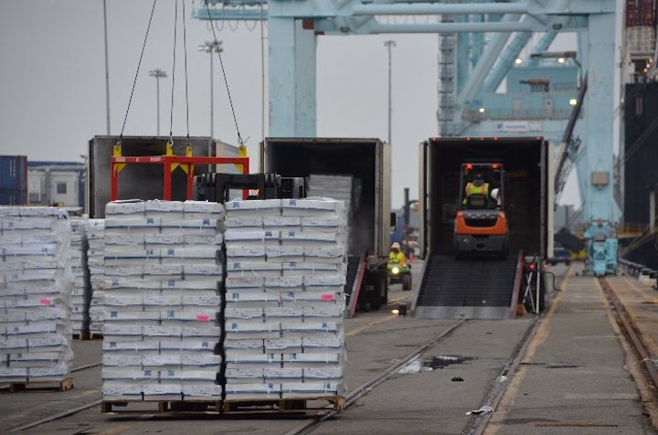Frozen poultry moving through JAXPORT's Talleyrand Marine Terminal via breakbulk (outside of a shipping container).