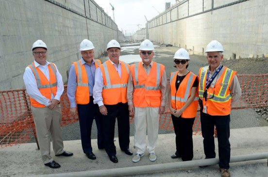 Jim Hertwig, FECR’s President & CEO, (third from left) is shown at the Panama Canal Expansion construction site. Also pictured, (left to right) are Eric Olafson, Manager, Intergovernmental Affairs/Cargo Development, PortMiami; Juan Kuryla, PortMiami’s Director and CEO; Mr. Hertwig, Phil Noury, FECR’s Vice President of International Sales; Marianela Dengo-De Obaldia, Manager, Customer Relations Unit and EVP for Planning and Business Development, Panama Canal Authority; and Luis Isaza, Project Manager, Pacific Sector of the Locks Project, Panama Canal Authority.