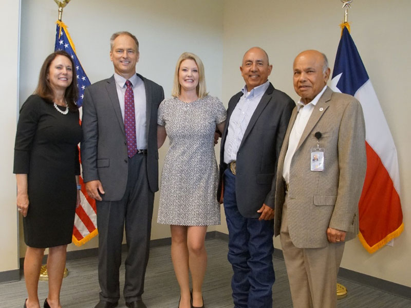 Recently sworn-in Port Commissioners Rudy Santos and Rob Giesecke are joined by Brazoria County Court at Law #1 and Probate Court Judge Courtney T. Gilbert, Port Freeport Executive Director/CEO Phyllis Saathoff, and Port Commissioner Ravi Singhania.