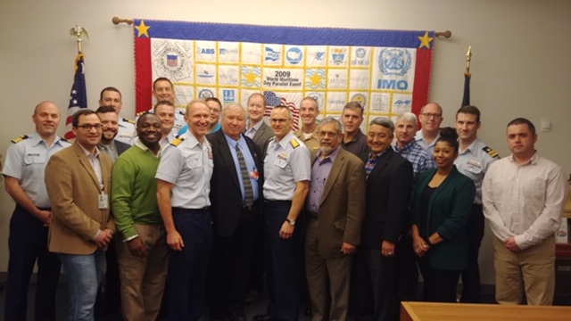 Pictured is the MPE Class with RADM. John P. Nadeau, USCG, Assistant Commandant for Prevention Policy, CAPT. Kevin Kiefer, USCG-AMPE, Deputy Director, Marine Transportation Systems and CAPT. Jeffrey Monroe, MM-AMPE, Director of Education, IAMPE.