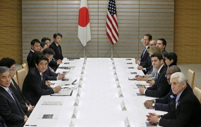  U.S. House of Representatives Ways and Means Committee Chairman Paul Ryan (3rd R), leading a congressional delegation, meets with Japan's Prime Minister Shinzo Abe (3rd L) for talks on Trans-Pacific Partnership (TPP) and other issues at Abe's official residence in Tokyo... Reuters/Kimimasa Mayama/Pool 