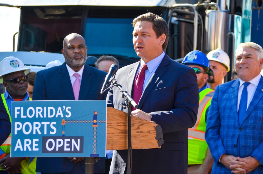 Florida Governor Ron DeSantis discusses the efficiencies and capabilities of Florida's ports during a ceremony at JAXPORT
