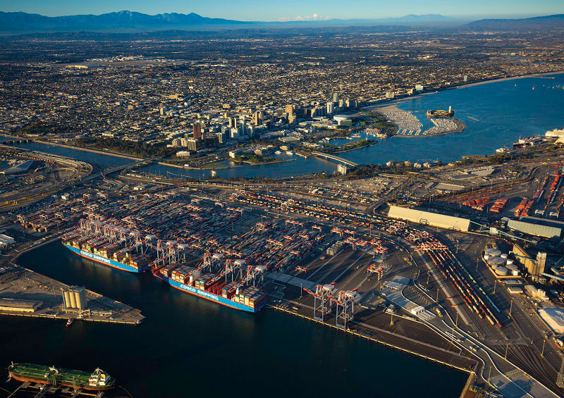  Two ships are seen here berthed at Long Beach Container Terminal on June 30, 2021