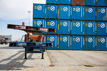 Chassis and Hanjin containers at the Port of Long Beach.