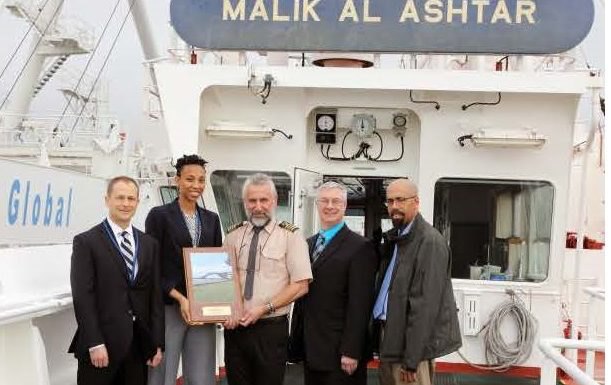 John Harrill, Hapag Lloyd; Carrem Gay, The Port Authority of New York and New Jersey; Captain L. Golasinski of the “Malik Al-Ashtar;” Jim Auger, Hapag Lloyd; and Angus Evelyn, Global Container Terminals