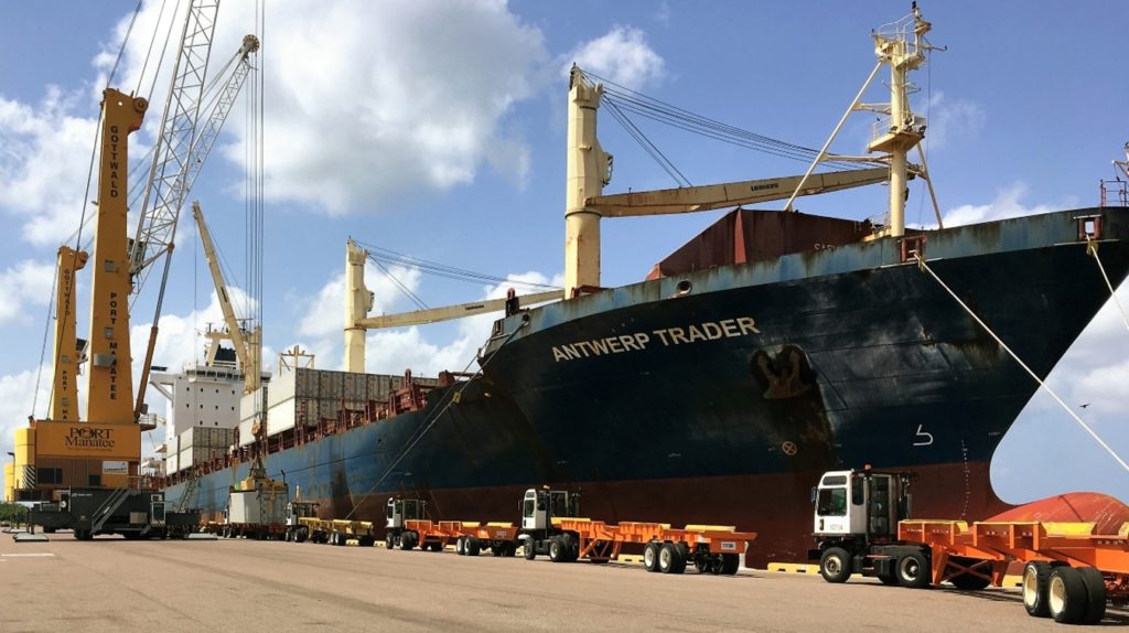 At Port Manatee, containerized cargo is offloaded from a Del Monte Fresh Produce vessel, adding to the record container volume the port is experiencing in its current fiscal year.