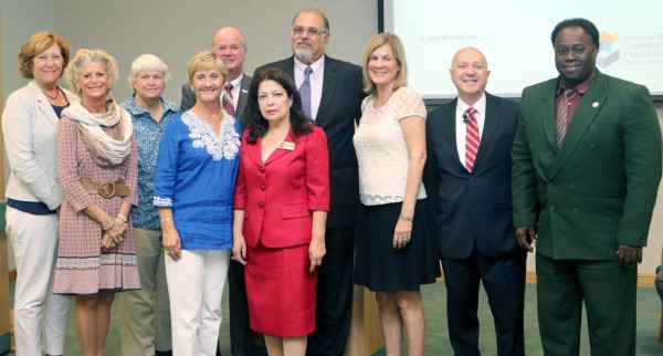 Gathered to discuss trade opportunities are, from left: Betsy Benac, member, Manatee County Port Authority; Robin DiSabatino, member, Manatee County Port Authority; Priscilla Whisenant Trace, first vice chairwoman, Manatee County Port Authority; Vanessa Baugh, chairwoman, Manatee County Port Authority; Stephen R. Jonsson, third vice chairman, Manatee County Port Authority; Connie C. Palomo Flores, executive director, Salvadoran American Chamber of Commerce of Florida; Jose Matto, president and chairman, Hispanic Chamber Coalition; Carol Whitmore, member, Manatee County Port Authority; Carlos Buqueras, executive director, Port Manatee; and Charles B. Smith, second vice chairman, Manatee County Port Authority.