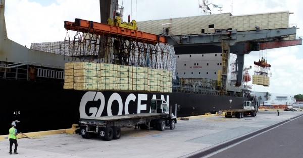One of Port Manatee’s fastest-growing commodities – lumber – is offloaded from a vessel at the Southwest Florida port, which continues to handle record cargo volumes.