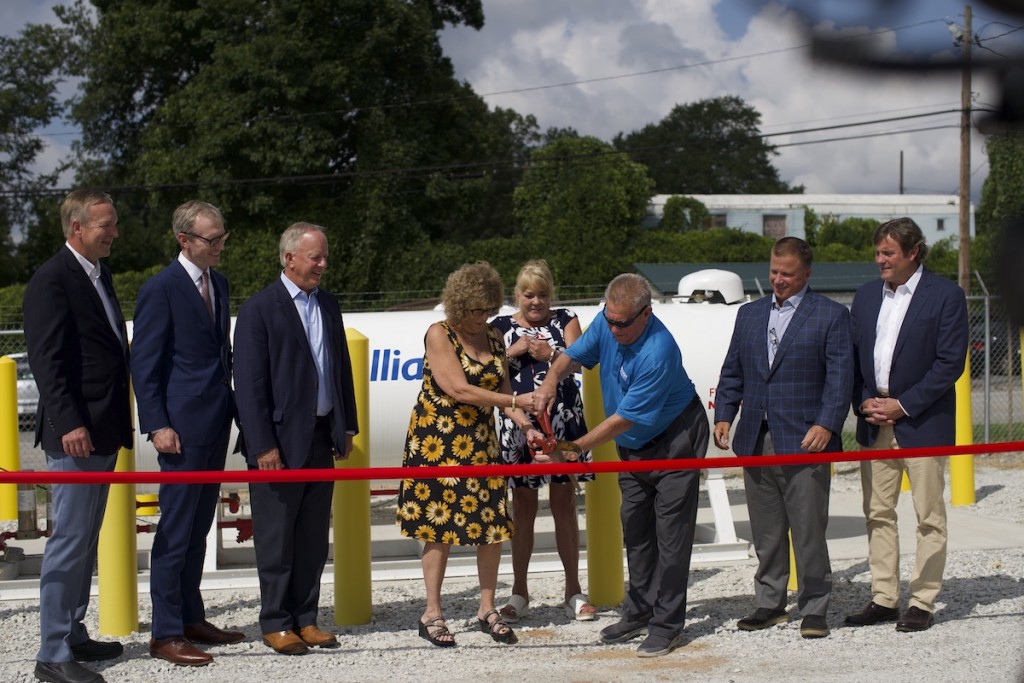 Lisa McAbee, the owner of McAbee Trucking, and her team cut the ribbon to celebrate the installation of the company’s state-of-the-art propane autogas station. From left to right: Steve Whaley, PERC; Greg Reed, National Star Route Association; Tucker Perkins, PERC; Lynn McAbee Ramsey, McAbee Trucking; Lisa McAbee, McAbee Trucking; Butch McAbee, McAbee Trucking; Todd Mouw, ROUSH CleanTech; Stuart Weidie, Blossman Gas/Alliance AutoGas/PERC.