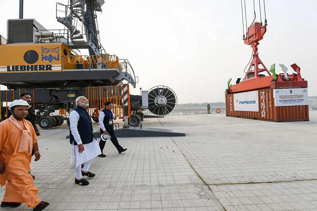 PM Narendra Modi at India’s first multimodal terminal on Ganga river during its inaugural function in Varanasi on 12 November 2018