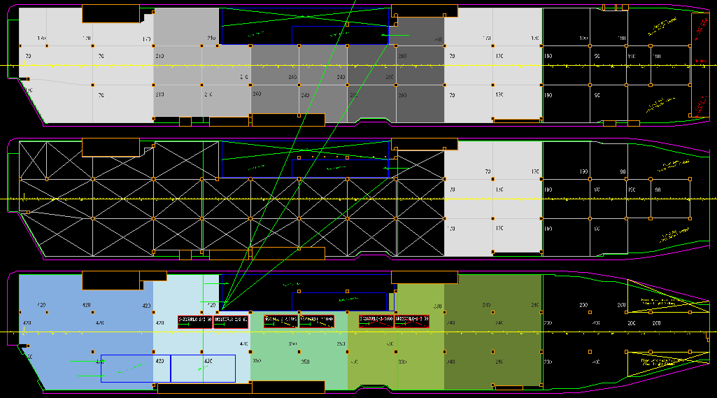 Screen shots of liftable deck plan drawn by the upgraded stowage planning system with FLEXIE’s new deck structure. Varies background color with deck height and improves visibility.