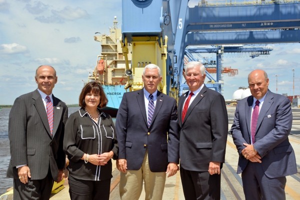 Those taking part in an Aug. 24 tour of the Port of Wilmington include, from left: North State Ports Authority Executive Director Paul J. Cozza; Karen Pence, wife of Mike Pence; Gov. Mike Pence, R-Indiana; Tom Adams, chairman of the board, North Carolina State Ports Authority; and Louis DeJoy, retired director of XPO Logistics Inc. and former chief executive officer of High Point, N.C.-based New Breed Logistics.