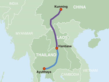 Route map between Kunming, China and Ayutthaya, Thailand