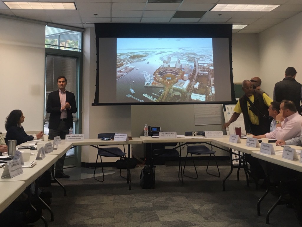 Dave Kaval, president of the Oakland Athletics, speaking to the Harbor Safety Committee of the San Francisco Bay
