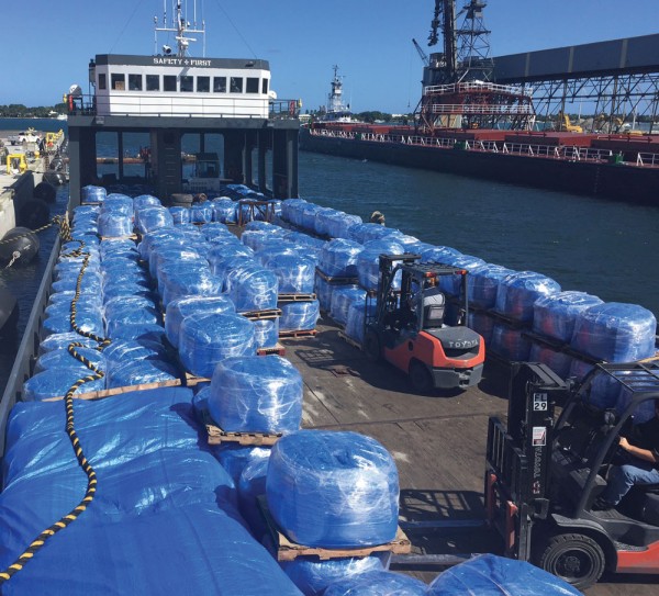 A shipment of 600 tons of Portland cement in jumbo bags is readied for export to Nassau, Bahamas, from the Port of Palm Beach. (Photo courtesy of Global Cement Products Inc.) 