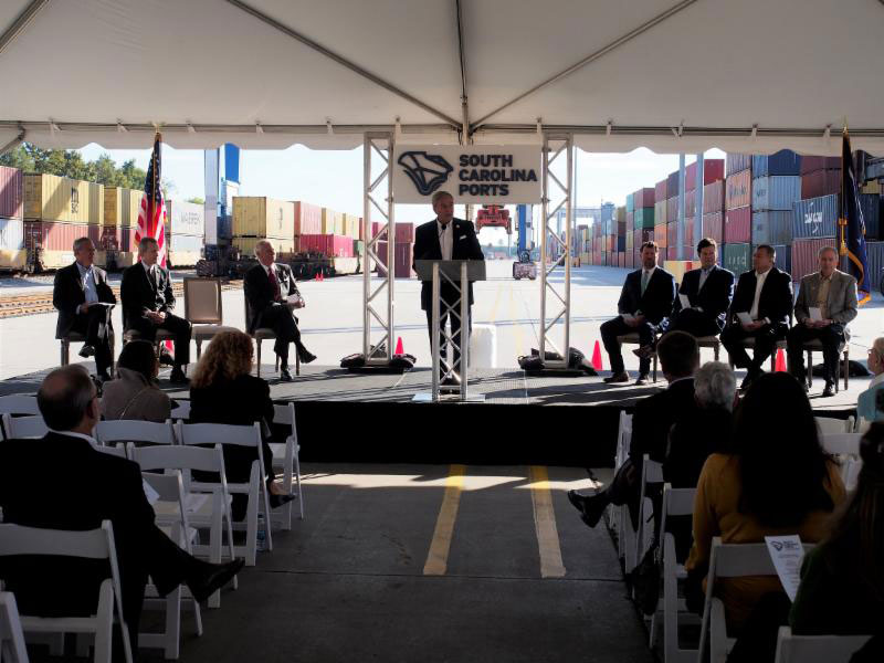 SCPA President and CEO Jim Newsome addresses attendees at a celebration for the 5 year anniversary of Inland Port Greer.