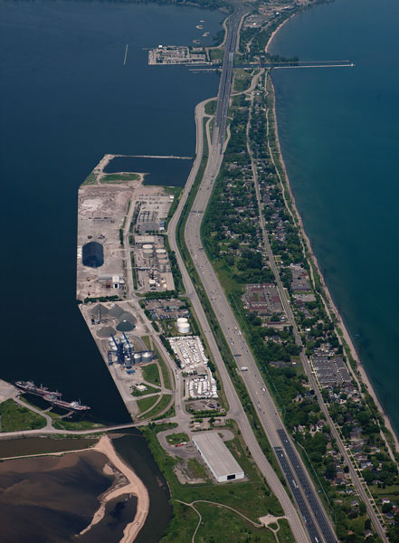Aerial view of the Port of Hamilton on Lake Ontario.