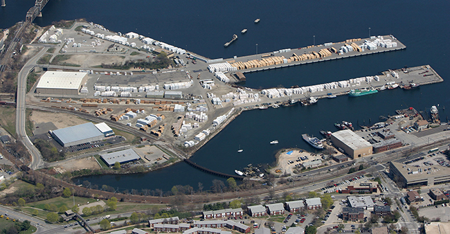 Aerial view of Port of New London’s 2 berths, 2 warehouses and 20 acres of laydown area.