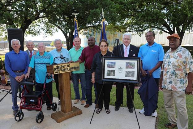 Port of South Louisiana Leadership, Past and Present (L-R): former Executive Director Joseph Accardo, Jr.; former Commissioner Brandt Dufrene; former Commissioner J. Raymond Fryoux; former Executive Director Joel T. Chaisson; former Commissioners Cart Davis and Louis Joseph; current Commissioner Judy Songy; current Executive Director Paul G. Aucoin, and current Commissioners Whitney Hickerson and Stanley Bazile photo courtesy of Peter Forest Photography