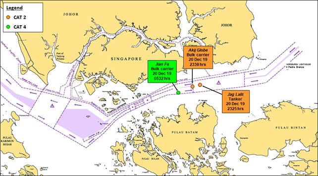 Map – Approximate location of the three incidents in the eastbound lane of Singapore Strait on 20 December 2019