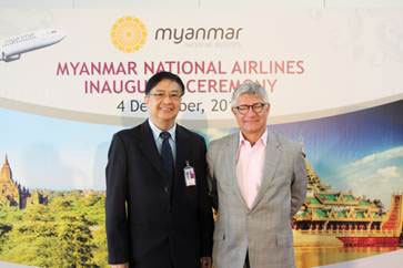 Mr. Richard Chan, Regional Director of Myanmar National Airlines (left) and Mr. Mark Whitehead, Chief Executive of Hactl, at the Myanmar National Airlines inauguration ceremony in Hong Kong. 