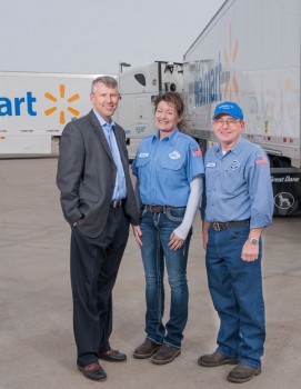 Walmart’s senior vice president of transportation, Tracy Rosser, left, is joined by St. James, Mo.-based driver Carol Nixon and Bentonville, Ark.-based shop associate Leon Gentry.