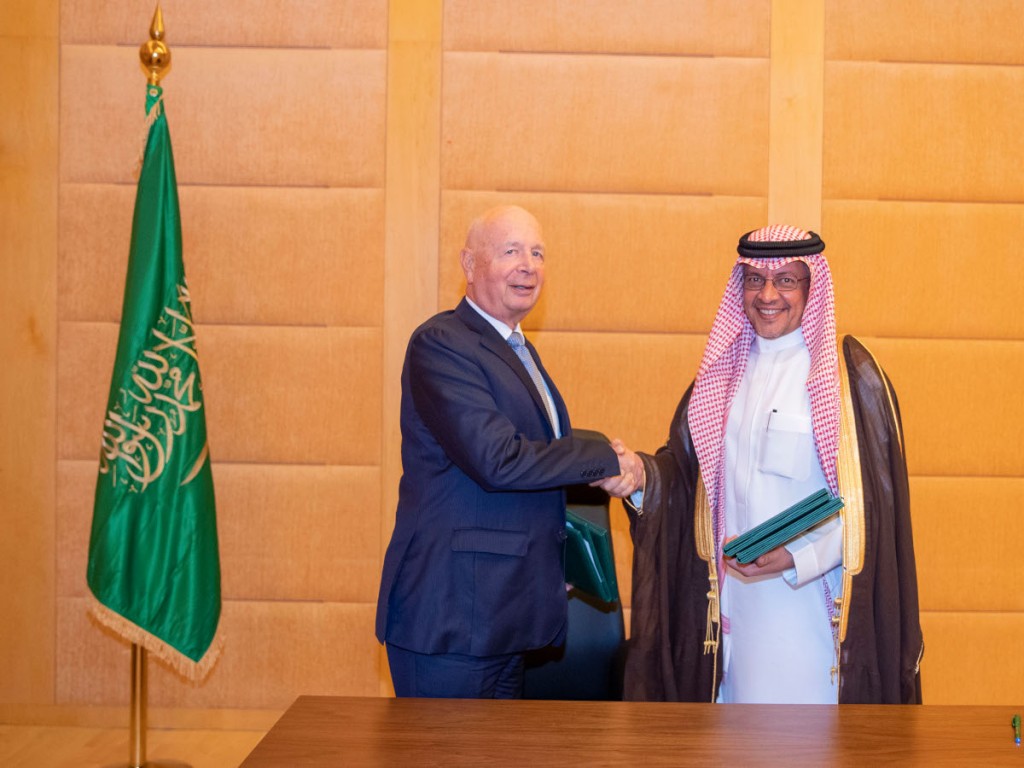 From Right to Left: H.E. Mohammed Al-Tuwaijri, the Minister of Economy and Planning, and Professor Klaus Schwab, Founder and Executive Chairman of WEF after signing the agreement Nov 6, 2019