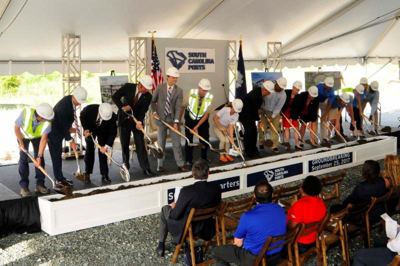 Officials from the Town of Mt. Pleasant, Choate Construction and LS3P join South Carolina Ports Authority in celebrating the groundbreaking of the Port's new headquarters. 