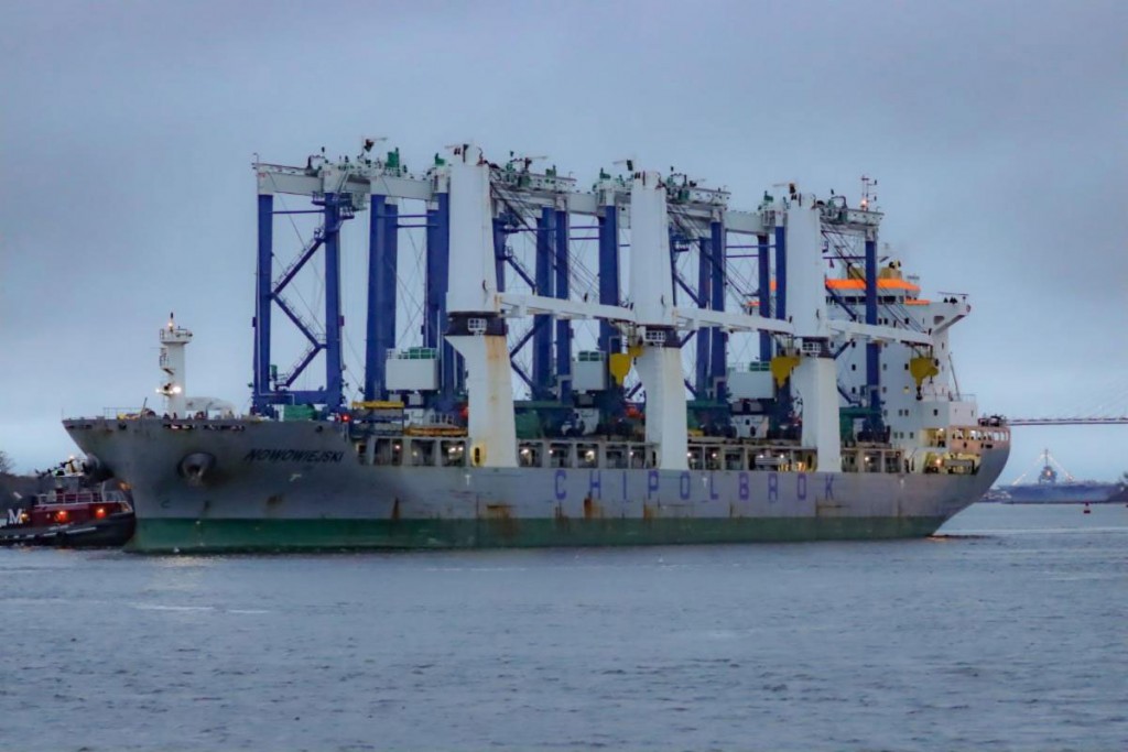 Six hybrid rubber-tired gantry cranes sail into Charleston and head for SC Ports' Leatherman Terminal, which sits along the Cooper River in North Charleston, S.C. (Photo/SCPA/English Purcell)
