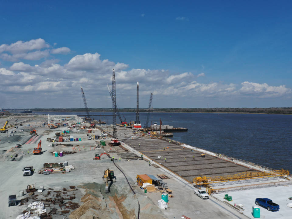 The Hugh K. Leatherman Terminal's wharf work is about 80% complete as construction progresses on Phase One of the new container terminal. (Photo/SCPA/Walter Lagarenne)