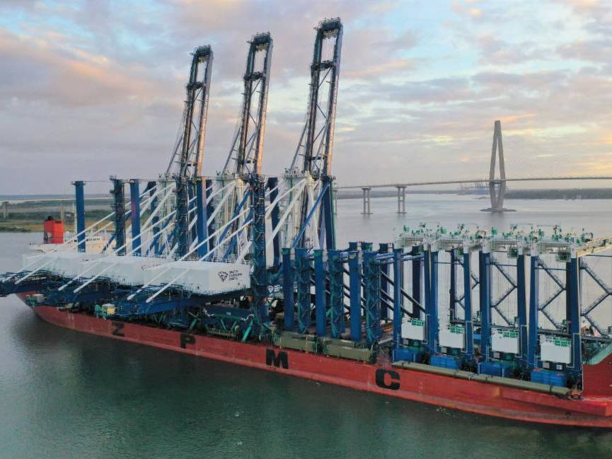 SC Ports welcomed three new ship-to-shore cranes and four new hybrid rubber-tired gantry cranes for the Hugh K. Leatherman Terminal, opening in March. (Photo/SCPA/Walter Lagarenne)