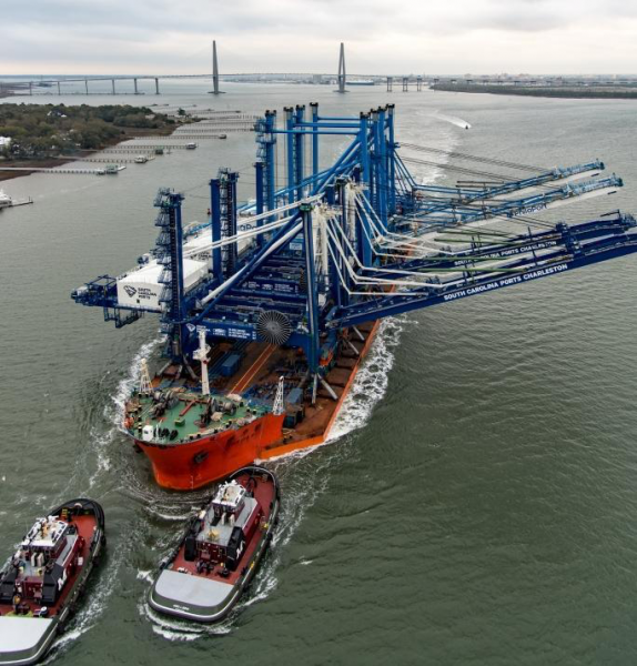 SCPA's new neo-Panamax ship-to-shore cranes transit the Charleston Harbor on their way to the Wando Welch Terminal.