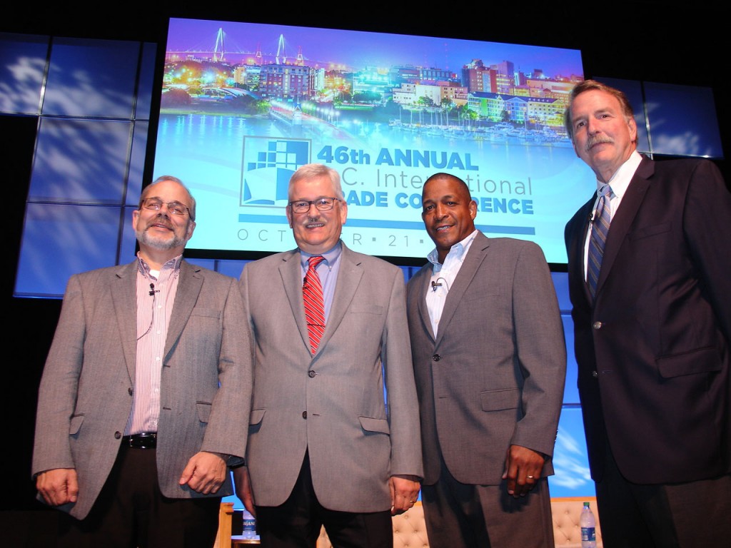 Preparing to participate in a shipper panel at the South Carolina International Trade Conference are, from left, Ashley Burt of TTI; Klaus Schnede of Eastman Chemical Co.; Marlon Jones of International Paper Co.; and Tim Saling of The Apex Group. (Photo by Paul Scott Abbott, AJOT)