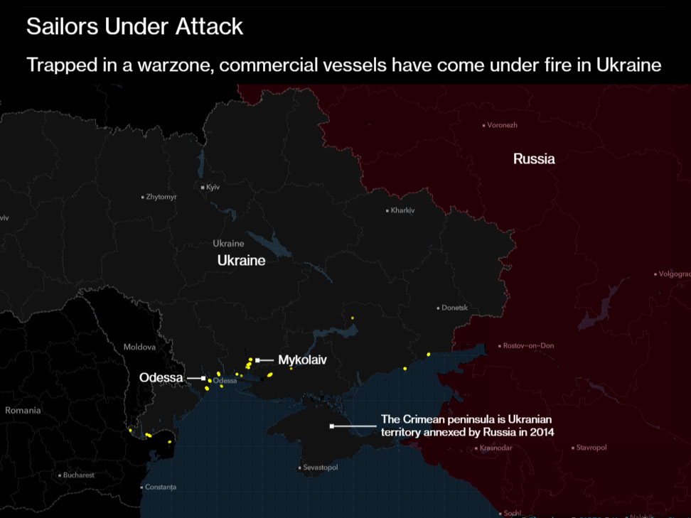 Last known positions of commercial vessels trapped in Ukraine after Feb. 24. (yellow dots). Excludes Crimea