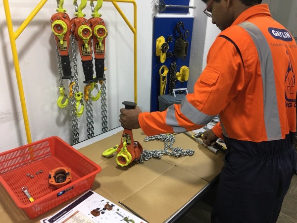 Training being conducted on the William Hackett SS-L5 subsea lever hoist at Gaylin Malaysia's facility located in the Johor Port.